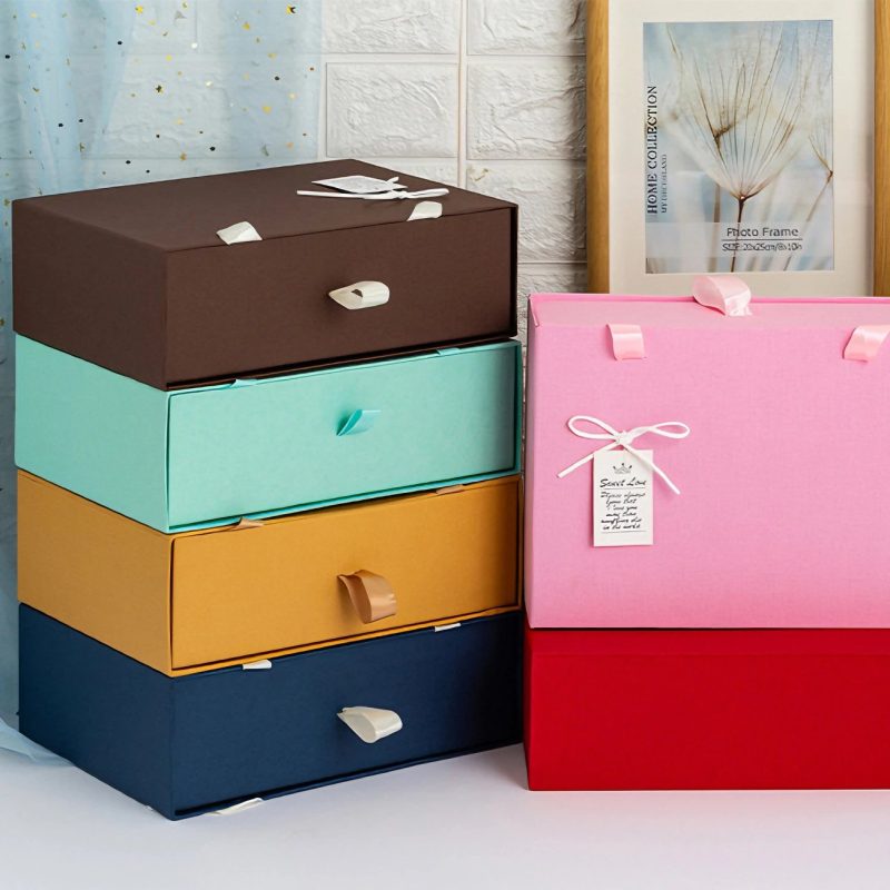 Luxury Rigid Cardboard Drawer Gift Box with Ribbon Pull Custom-Made Matte Finish Embossed for Clothing Shoe Packaging Candle Use
