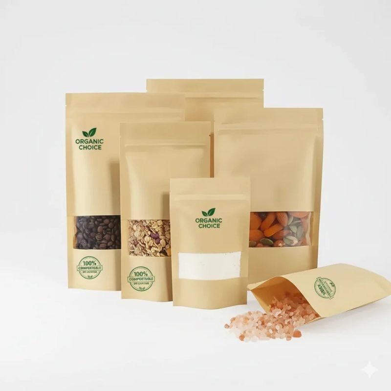 Custom Ziplock Stand up Pouch Eco-Friendly Kraft Paper with PLA Lamination for Biodegradable Food Packaging