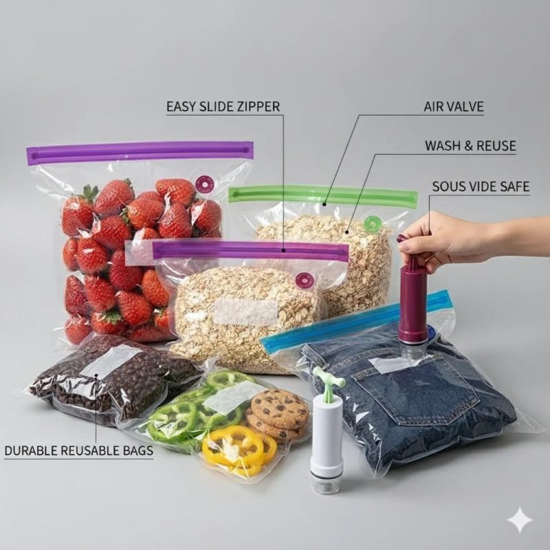 Custom Printed Reusable Sous Vide Vacuum Bags with Zipper and One-Way Air Valve for Eco-Friendly Food Storage