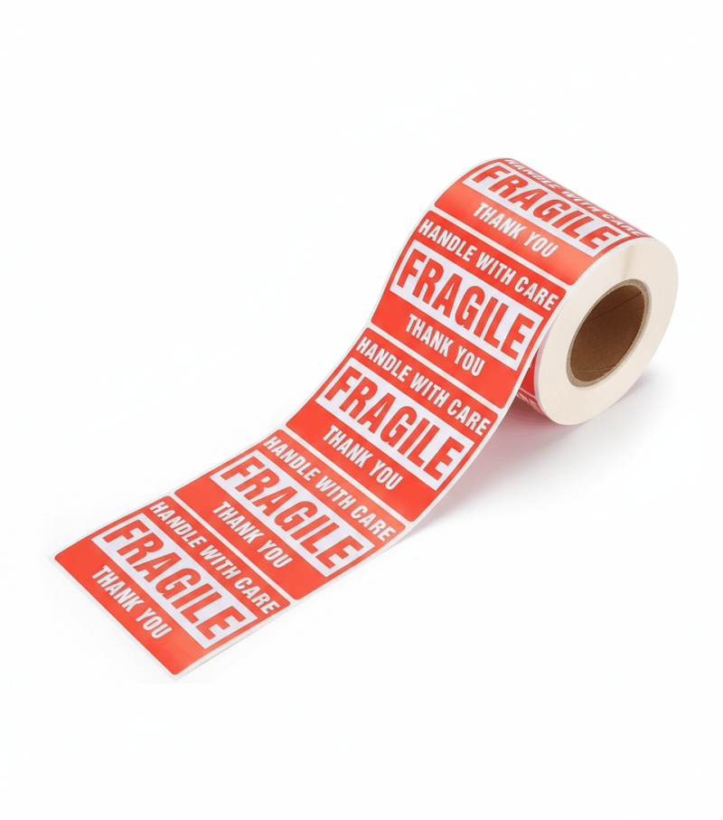 A roll of red **fragile sticker** labels with "Handle With Care" text, applied to a cardboard shipping box.