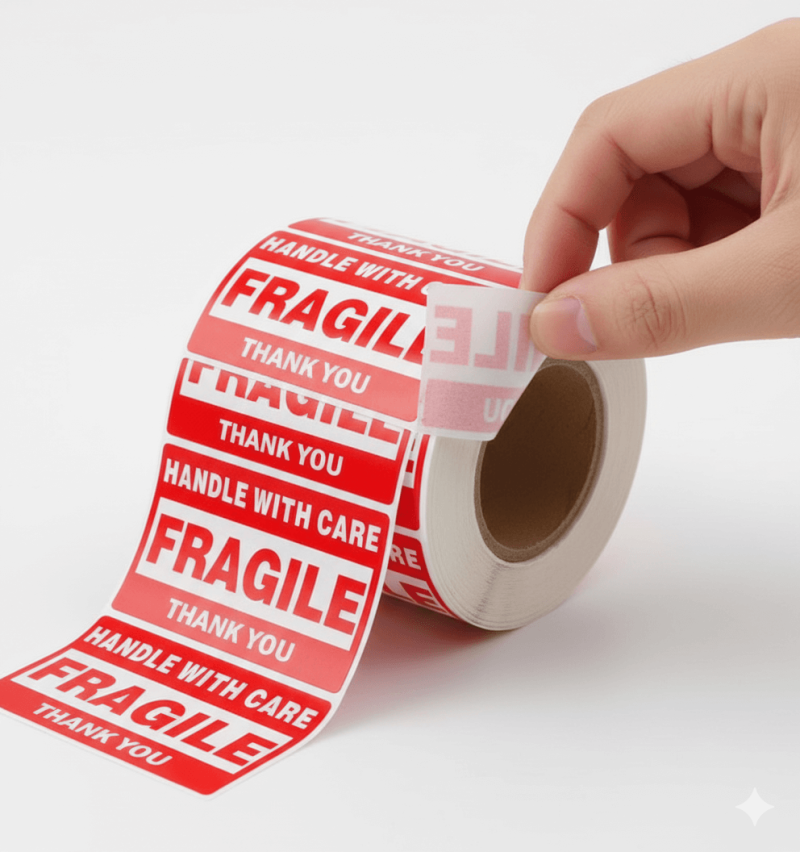 A roll of red **fragile sticker** labels with "Handle With Care" text, applied to a cardboard shipping box.