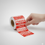 A roll of red **fragile sticker** labels with "Handle With Care" text, applied to a cardboard shipping box.