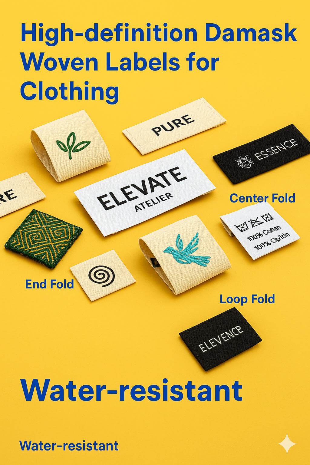 A collection of high-definition **custom woven labels** in various colors and folds, ready to be sewn onto clothing.