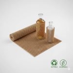 A roll of brown kraft **honeycomb paper wrap** being stretched to wrap a glass bottle for safe shipping.