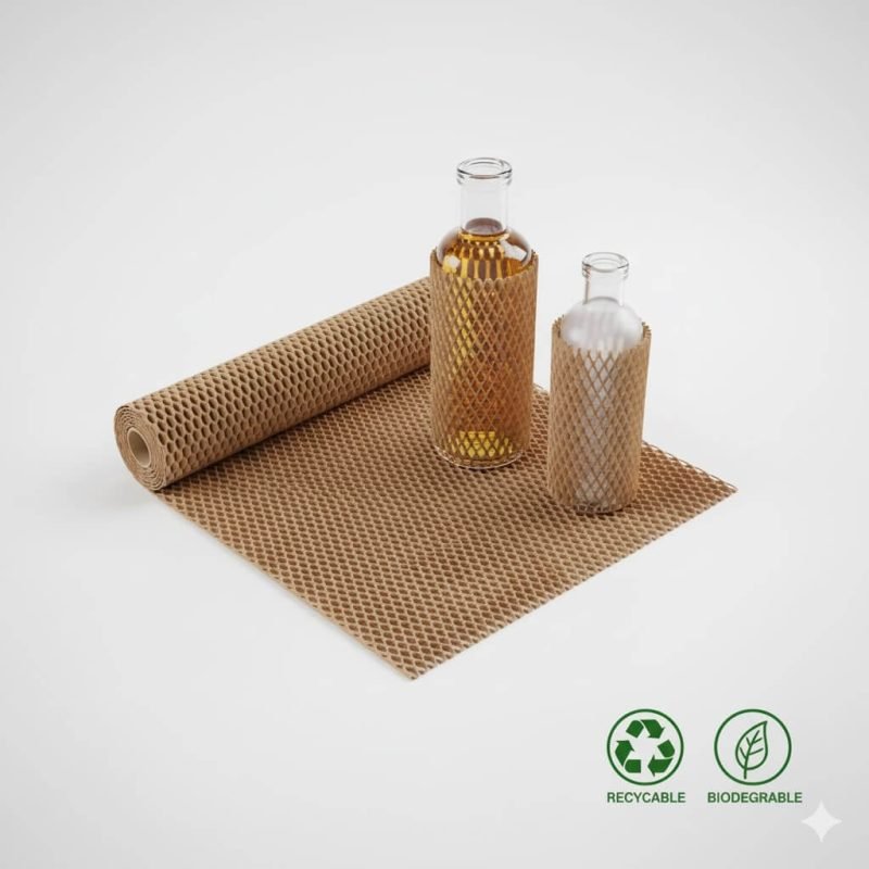 A roll of brown kraft **honeycomb paper wrap** being stretched to wrap a glass bottle for safe shipping.