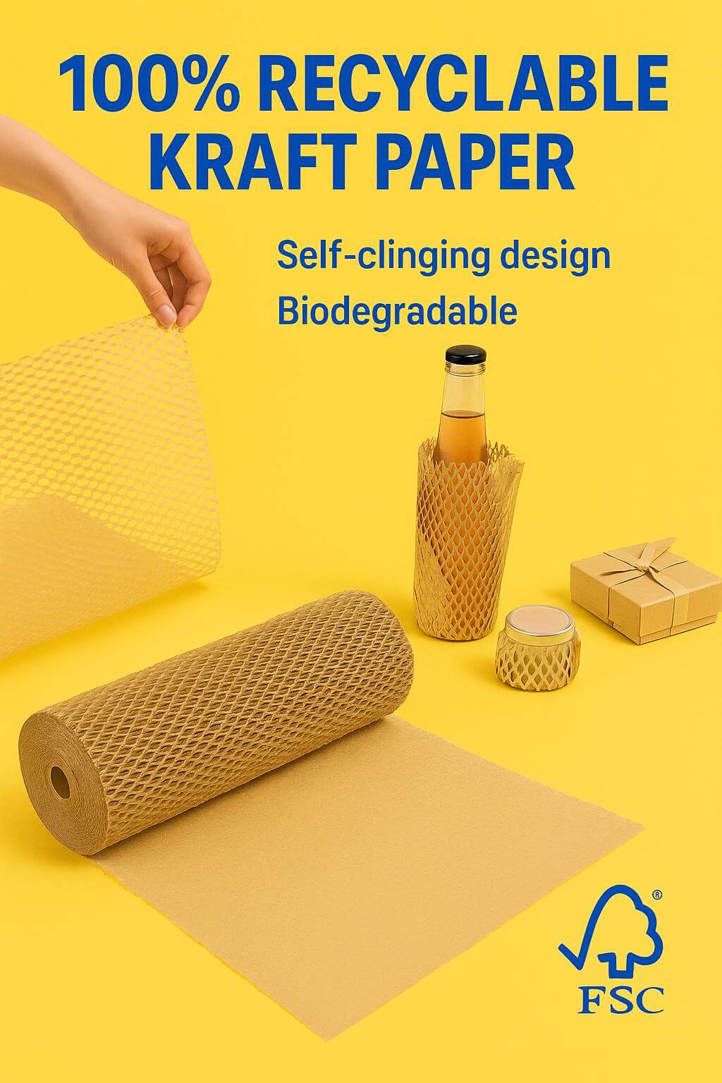A roll of brown kraft **honeycomb paper wrap** being stretched to wrap a glass bottle for safe shipping.