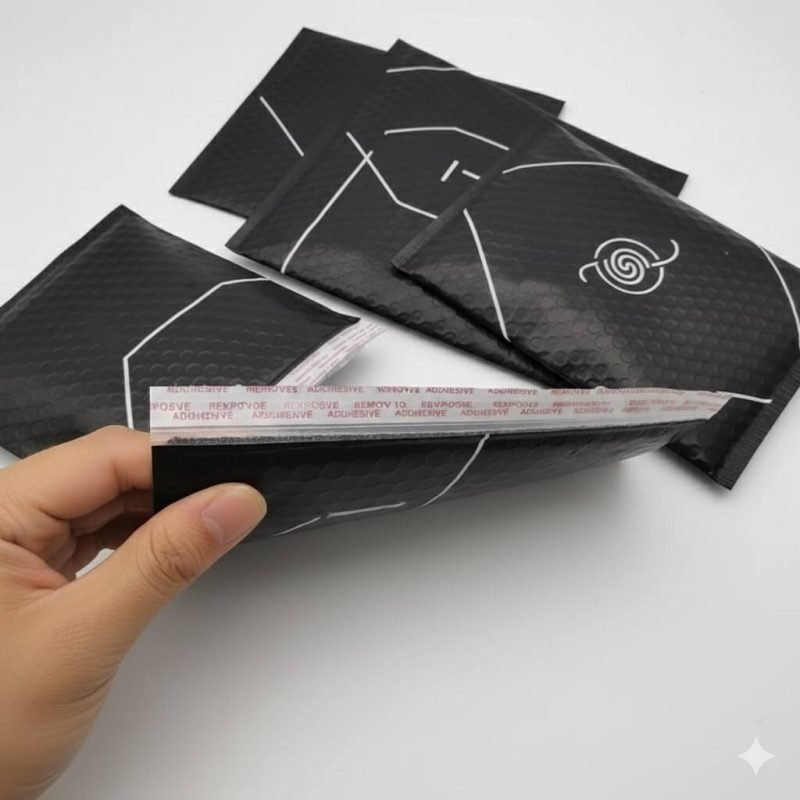 A stack of custom logo printed **poly bubble mailer** bags in various colors, ready for shipping.
