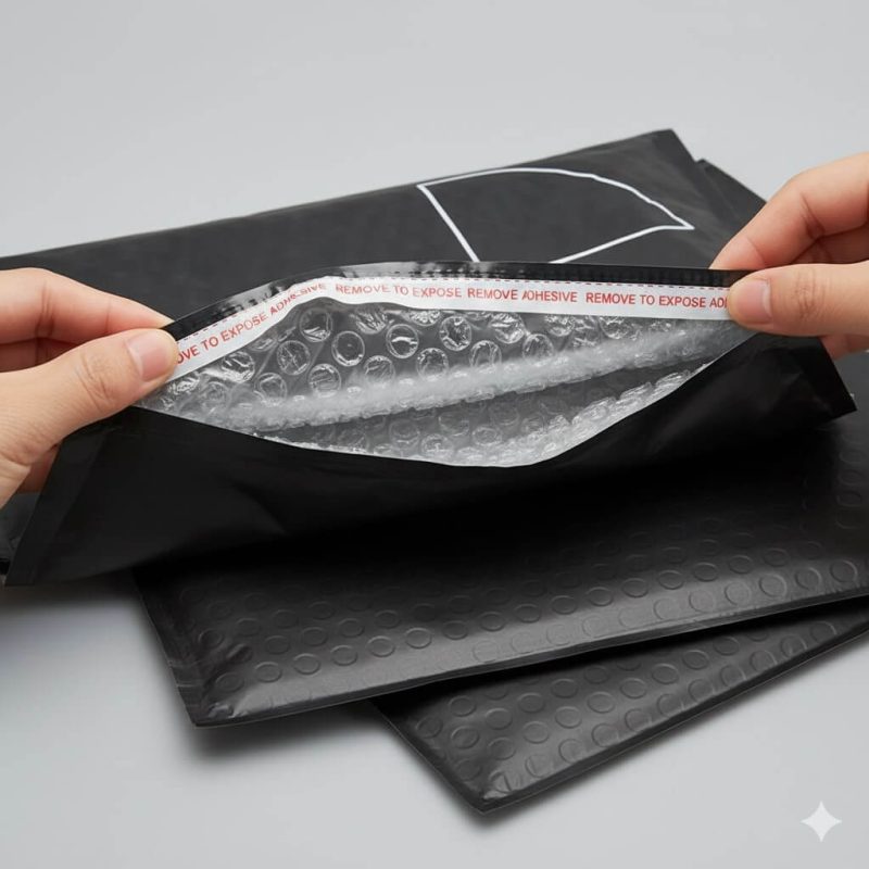 A stack of custom logo printed **poly bubble mailer** bags in various colors, ready for shipping.