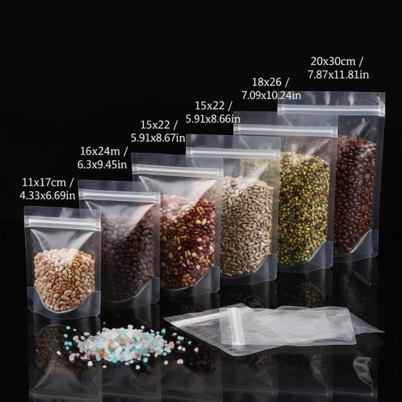 A high clarity **clear stand up pouch** filled with colorful candies, standing on a white background.