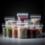 A high clarity **clear stand up pouch** filled with colorful candies, standing on a white background.