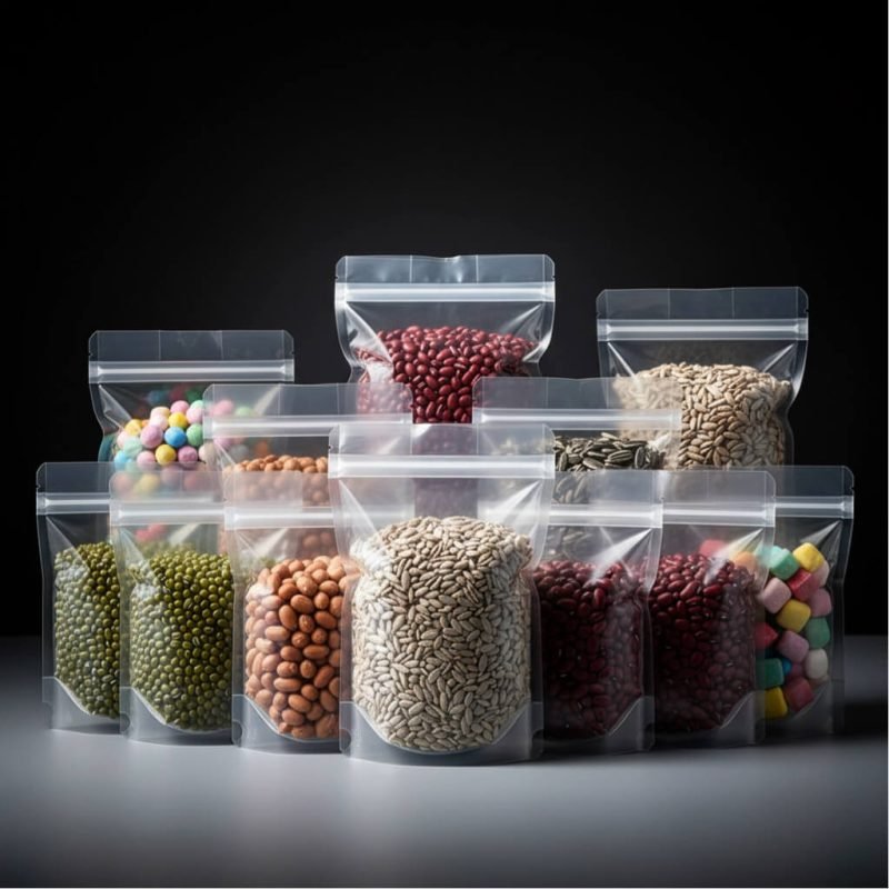 A high clarity **clear stand up pouch** filled with colorful candies, standing on a white background.