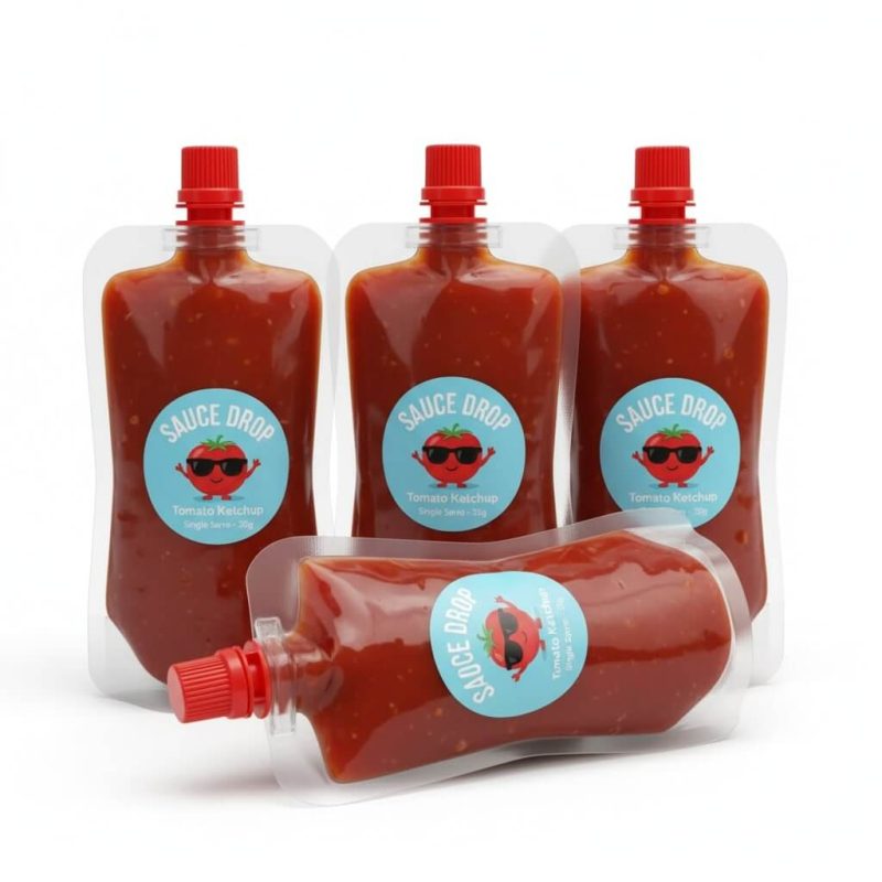A red **bottle shaped sachet** designed for single-serve ketchup packaging, featuring a tear notch.