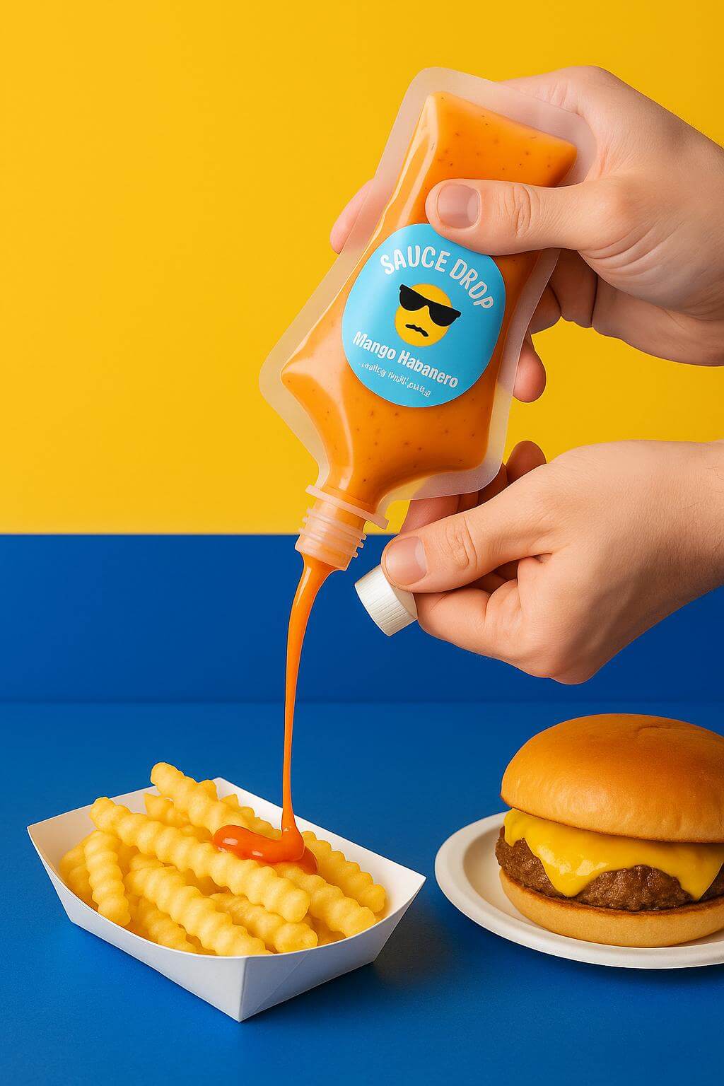 A red **bottle shaped sachet** designed for single-serve ketchup packaging, featuring a tear notch.