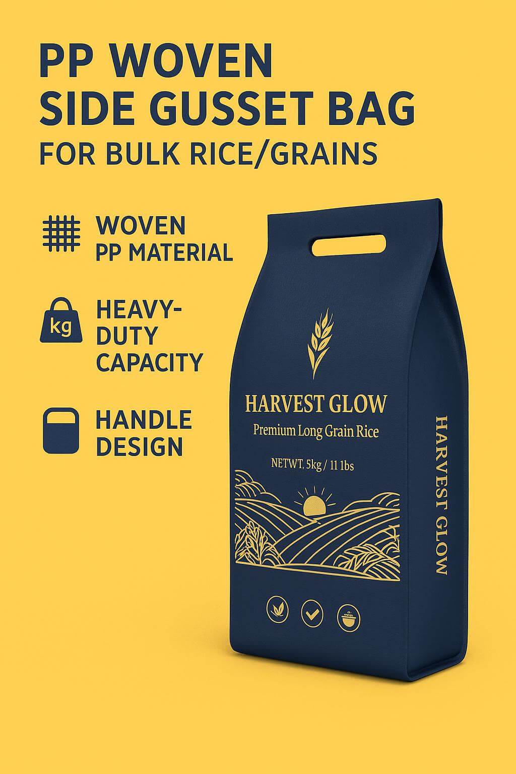 A stack of 25kg **pp woven rice bag**s with colorful BOPP printing and handles, filled with grains.