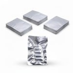 A silver **aluminum foil vacuum bag** with a 3-side seal and zipper, standing next to loose leaf tea.