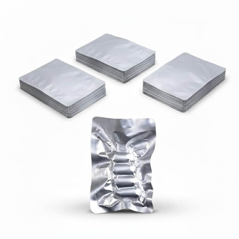 A silver **aluminum foil vacuum bag** with a 3-side seal and zipper, standing next to loose leaf tea.