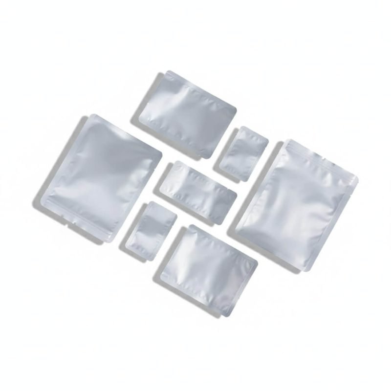 A silver **aluminum foil vacuum bag** with a 3-side seal and zipper, standing next to loose leaf tea.