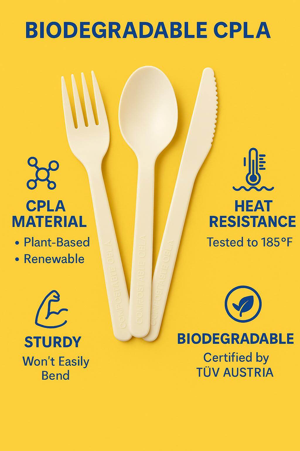 A set of white **compostable CPLA cutlery** including a knife, fork, and spoon, placed on a natural wooden table.