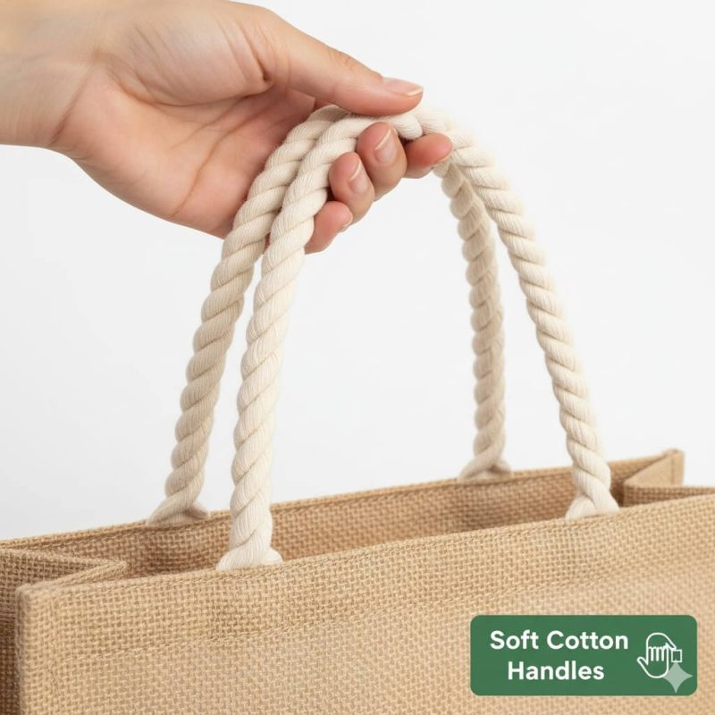 A natural brown **custom jute bag** with black logo printing and soft cotton handles, filled with fresh flowers.