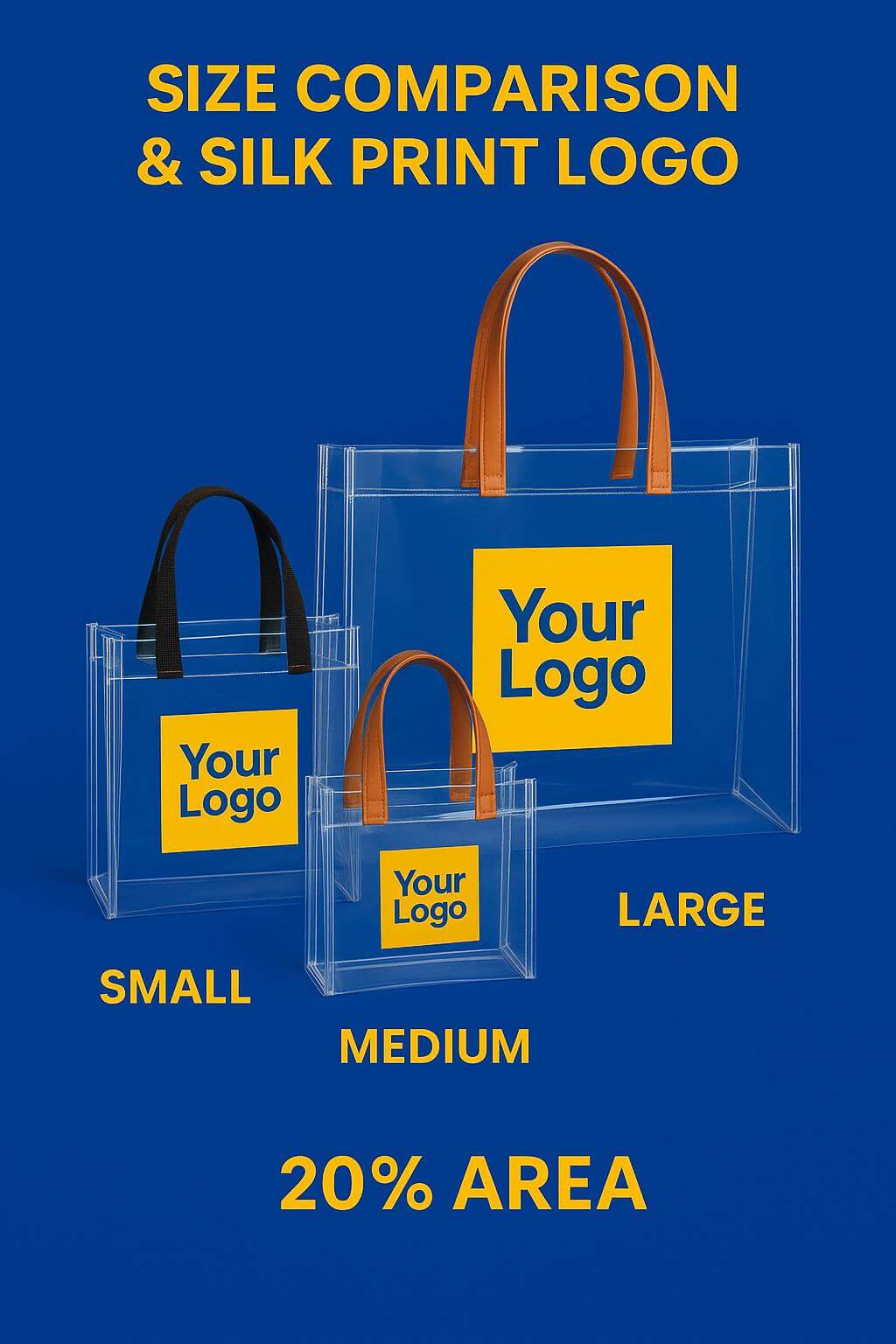 A stylish custom printed **clear pvc tote bag** with black webbing handles, filled with colorful retail items.