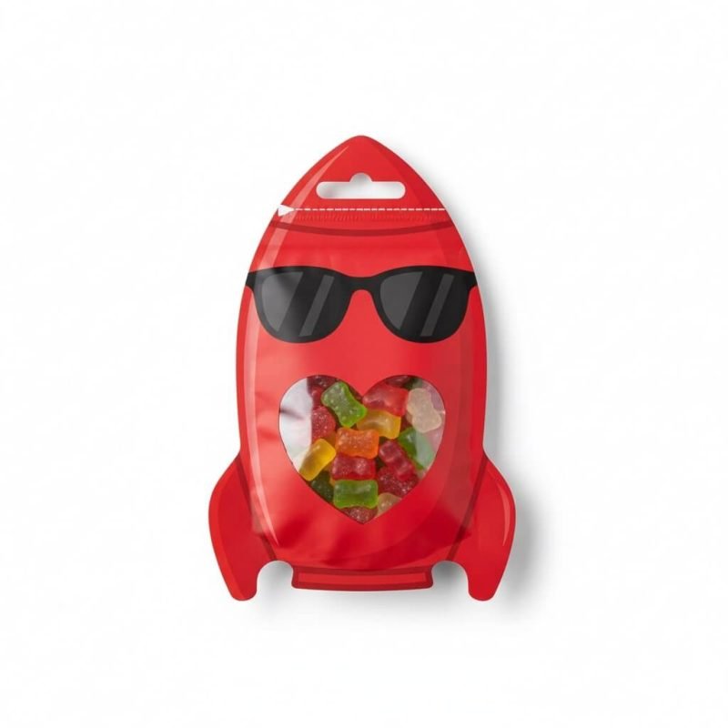 A colorful cartoon animal shaped **die cut mylar bag** with a zipper, used for packaging kids' gummy candies.