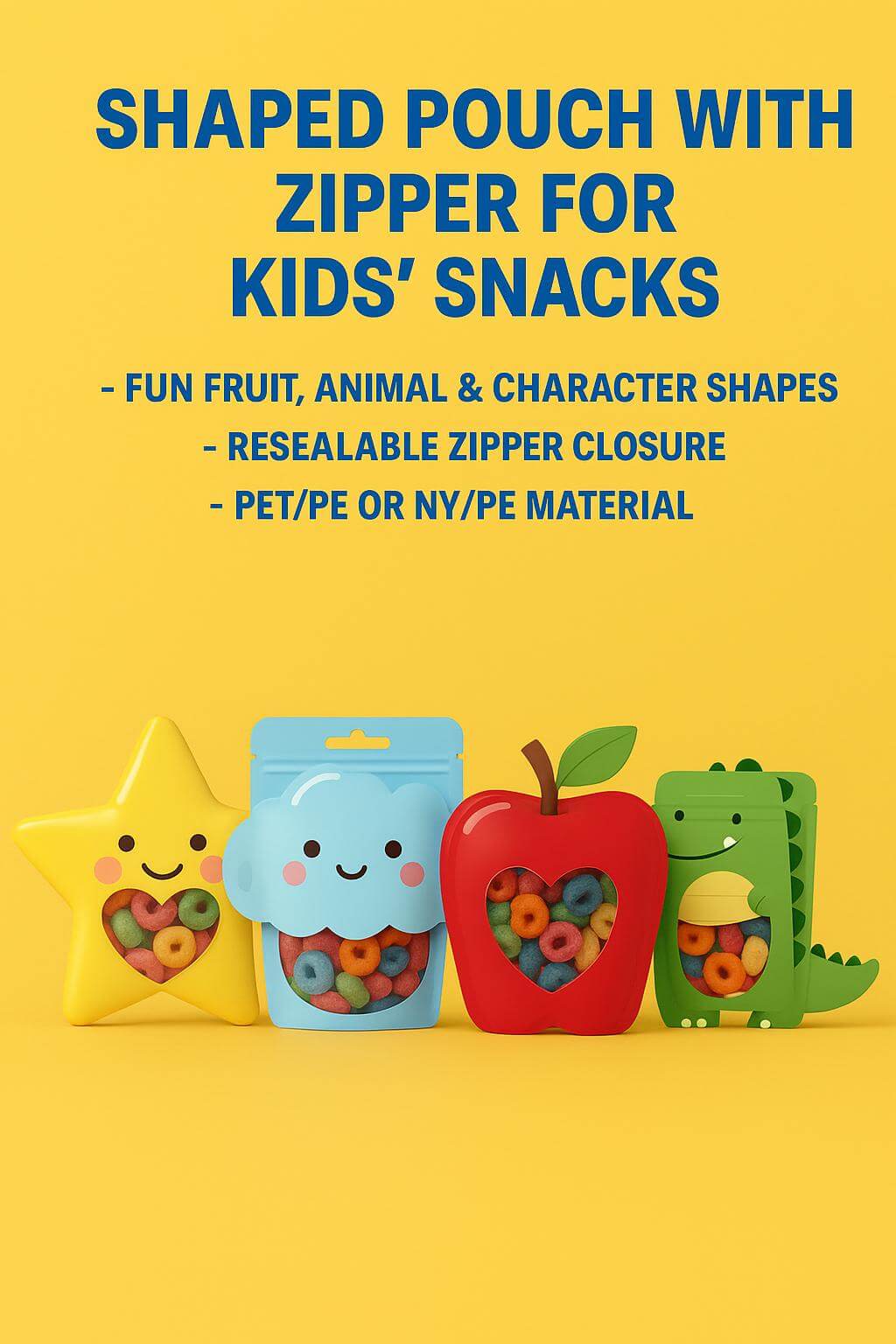 A colorful cartoon animal shaped **die cut mylar bag** with a zipper, used for packaging kids' gummy candies.