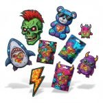 A cute cartoon bear **die cut shaped pouch** with a zipper, filled with colorful gummy candies.
