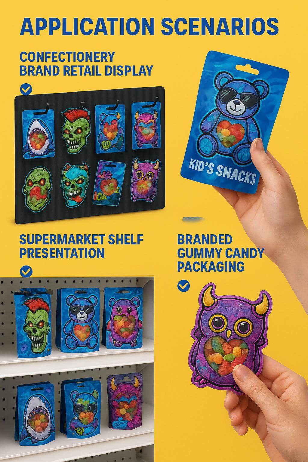 A cute cartoon bear **die cut shaped pouch** with a zipper, filled with colorful gummy candies.