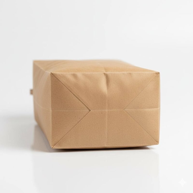 A natural kraft **compostable coffee bag** with a PLA valve and zipper, standing on a coffee shop counter.