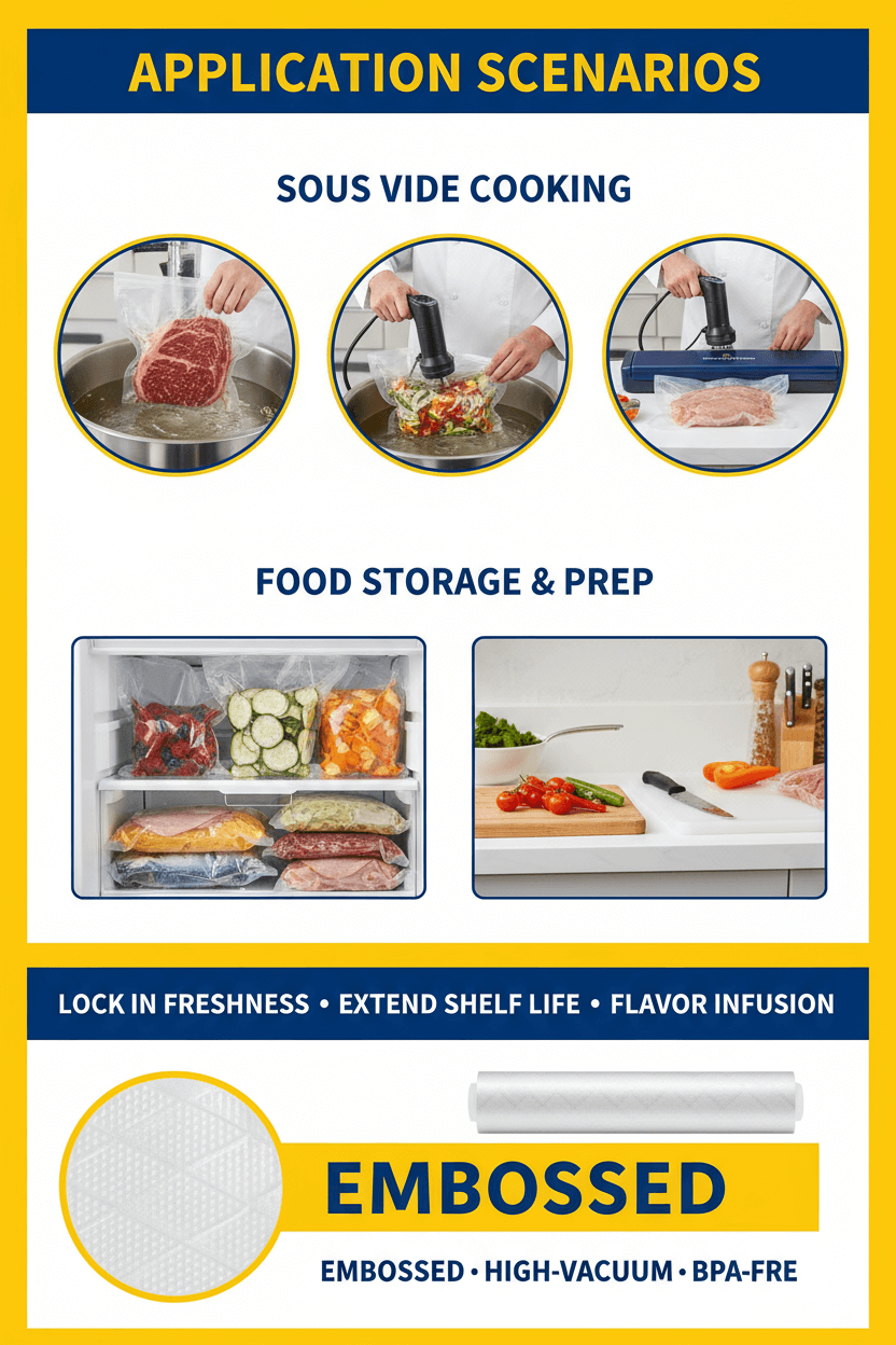 A complete starter kit of **reusable sous vide bags** with a white hand pump, showing the different sizes of zipper bags with air valves.