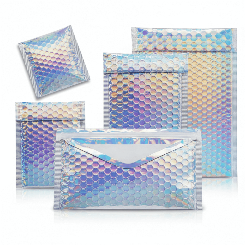 A shiny silver **holographic bubble mailer** reflecting rainbow colors, used for packaging cosmetics and fashion items.