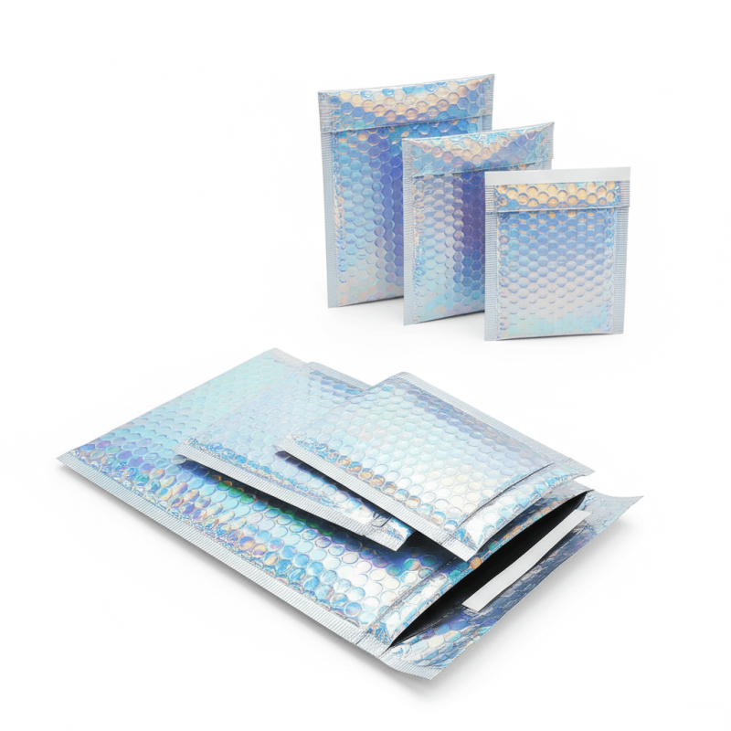 A shiny silver **holographic bubble mailer** reflecting rainbow colors, used for packaging cosmetics and fashion items.
