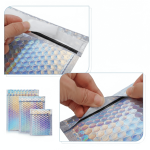 A shiny silver **holographic bubble mailer** reflecting rainbow colors, used for packaging cosmetics and fashion items.