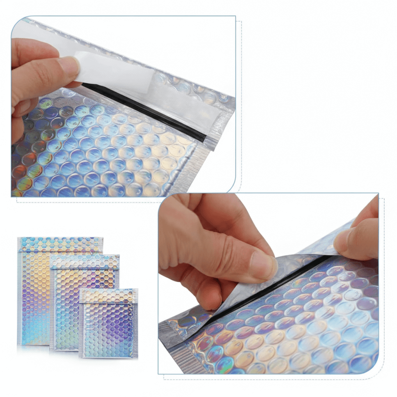 A shiny silver **holographic bubble mailer** reflecting rainbow colors, used for packaging cosmetics and fashion items.