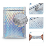 A shiny silver **holographic bubble mailer** reflecting rainbow colors, used for packaging cosmetics and fashion items.