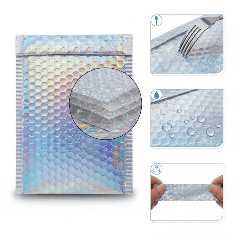 A shiny silver **holographic bubble mailer** reflecting rainbow colors, used for packaging cosmetics and fashion items.