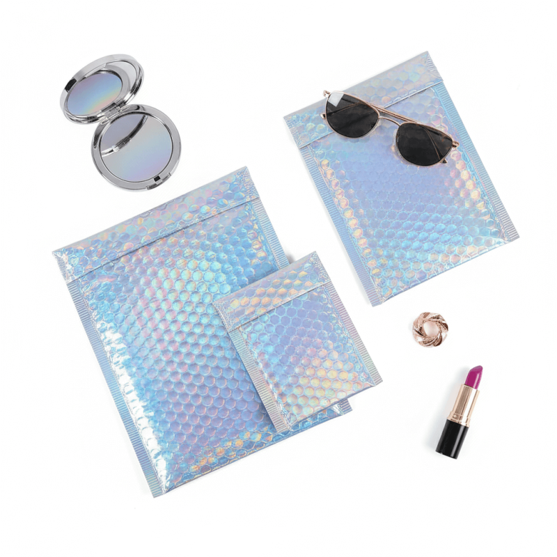 A shiny silver **holographic bubble mailer** reflecting rainbow colors, used for packaging cosmetics and fashion items.