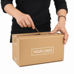 A hand pulling the red zipper tab on a custom printed corrugated **tear strip mailer box** to open it