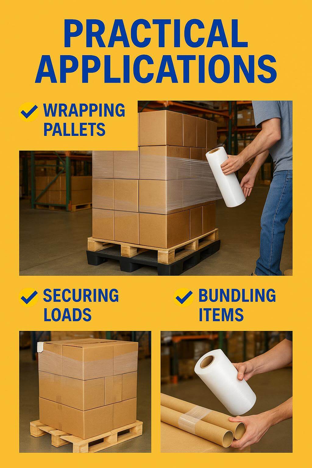 A warehouse worker easily wrapping a pallet of boxes using a lightweight roll of clear **pre-stretched film**.