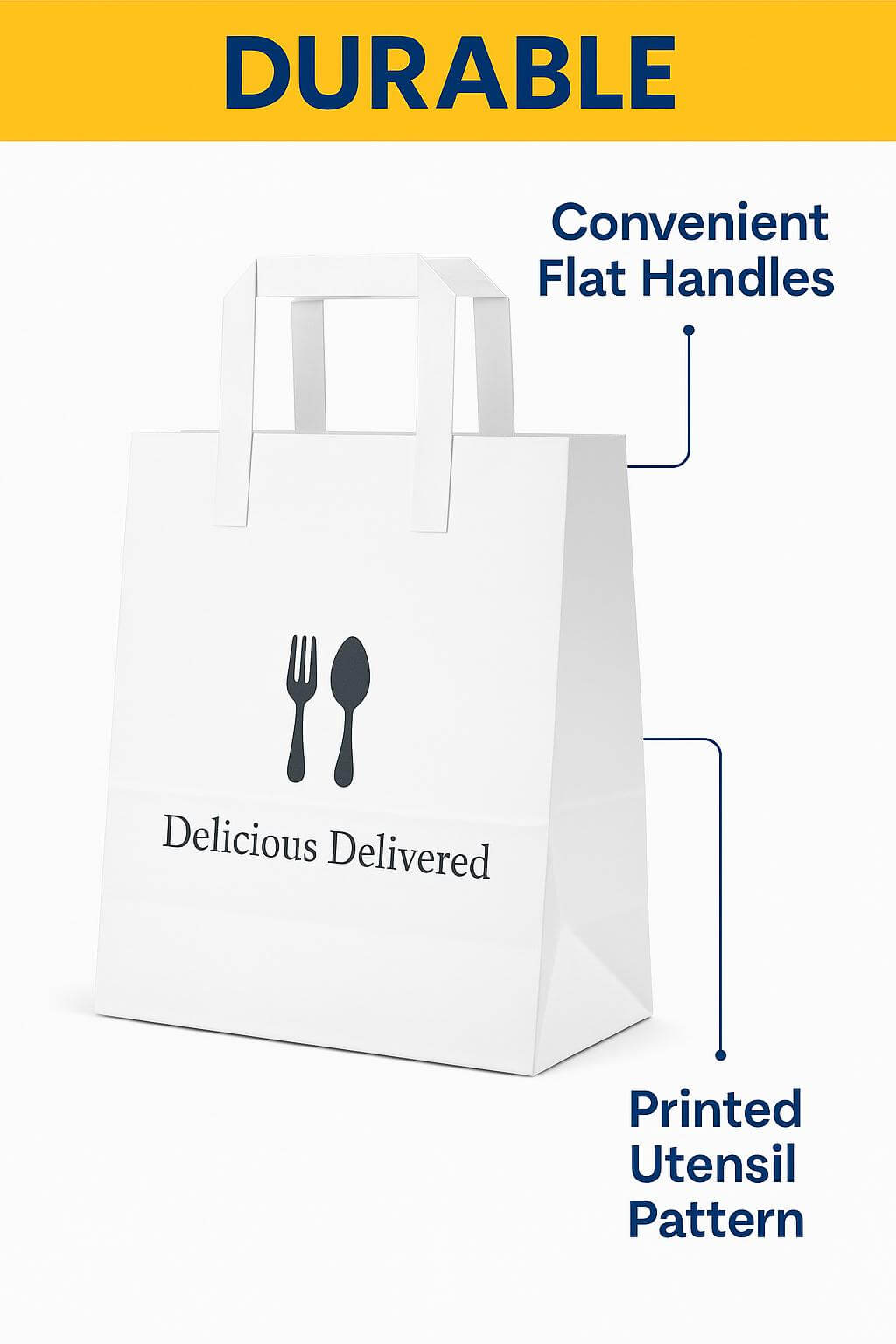 A stack of custom printed **white kraft paper bag**s with flat handles, filled with food containers.