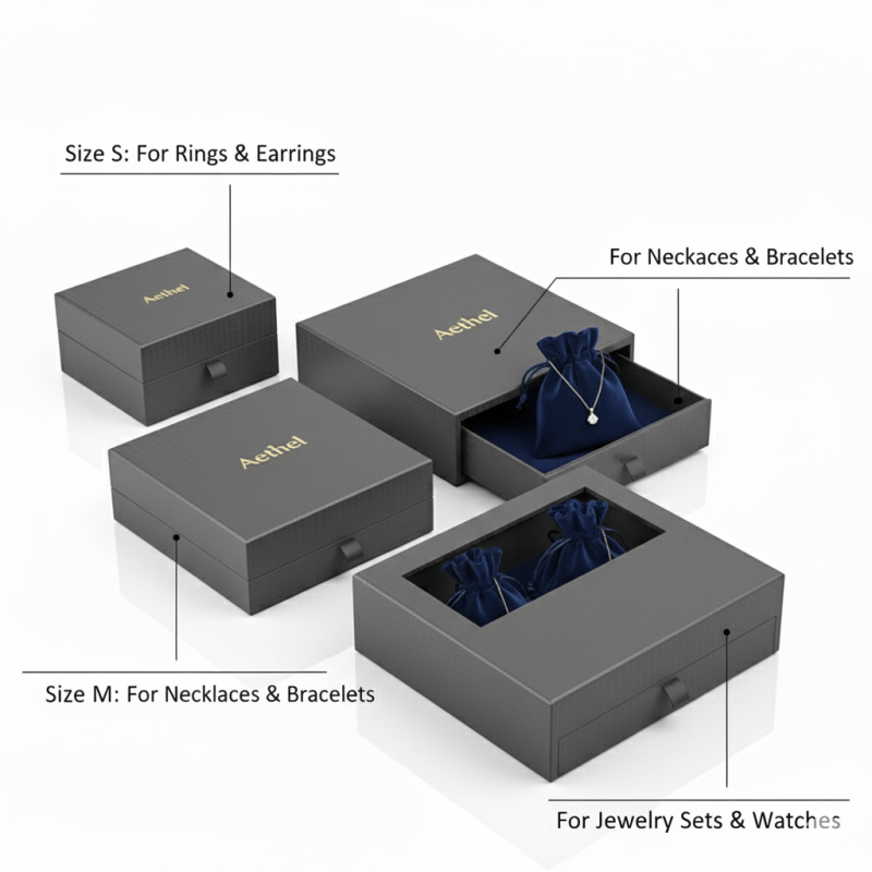 A custom printed rigid **jewelry drawer box** sliding open to reveal a soft velvet pouch inside for ring packaging.