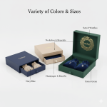 A custom printed rigid **jewelry drawer box** sliding open to reveal a soft velvet pouch inside for ring packaging.