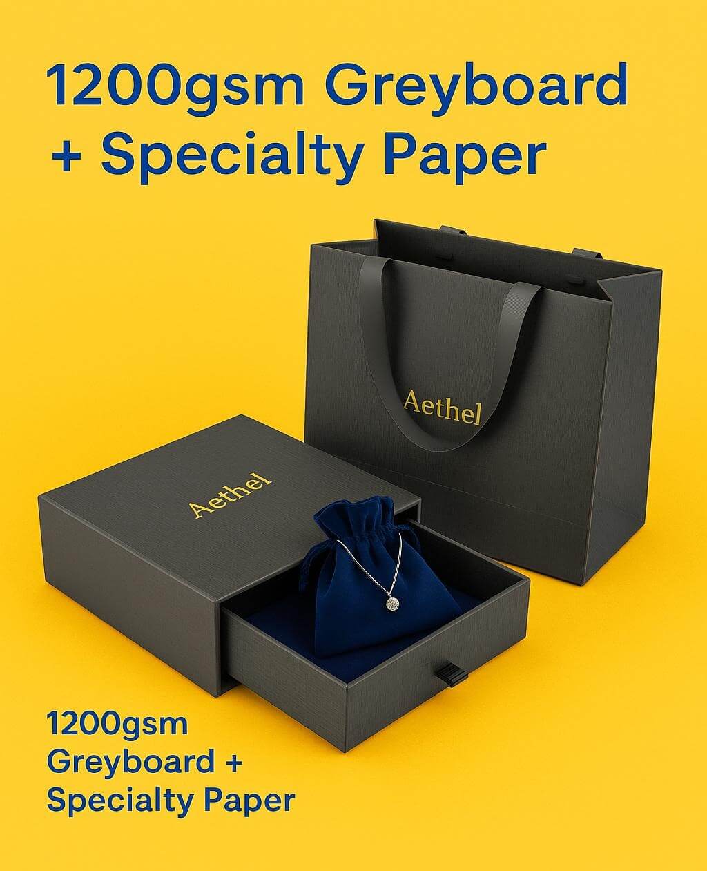 A custom printed rigid **jewelry drawer box** sliding open to reveal a soft velvet pouch inside for ring packaging.