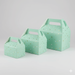 A colorful custom printed cardboard **gable box** with a handle, used as a party favor box.