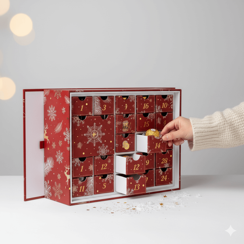 A luxury open book-style **advent calendar box** with 24 numbered drawers for a Christmas countdown.