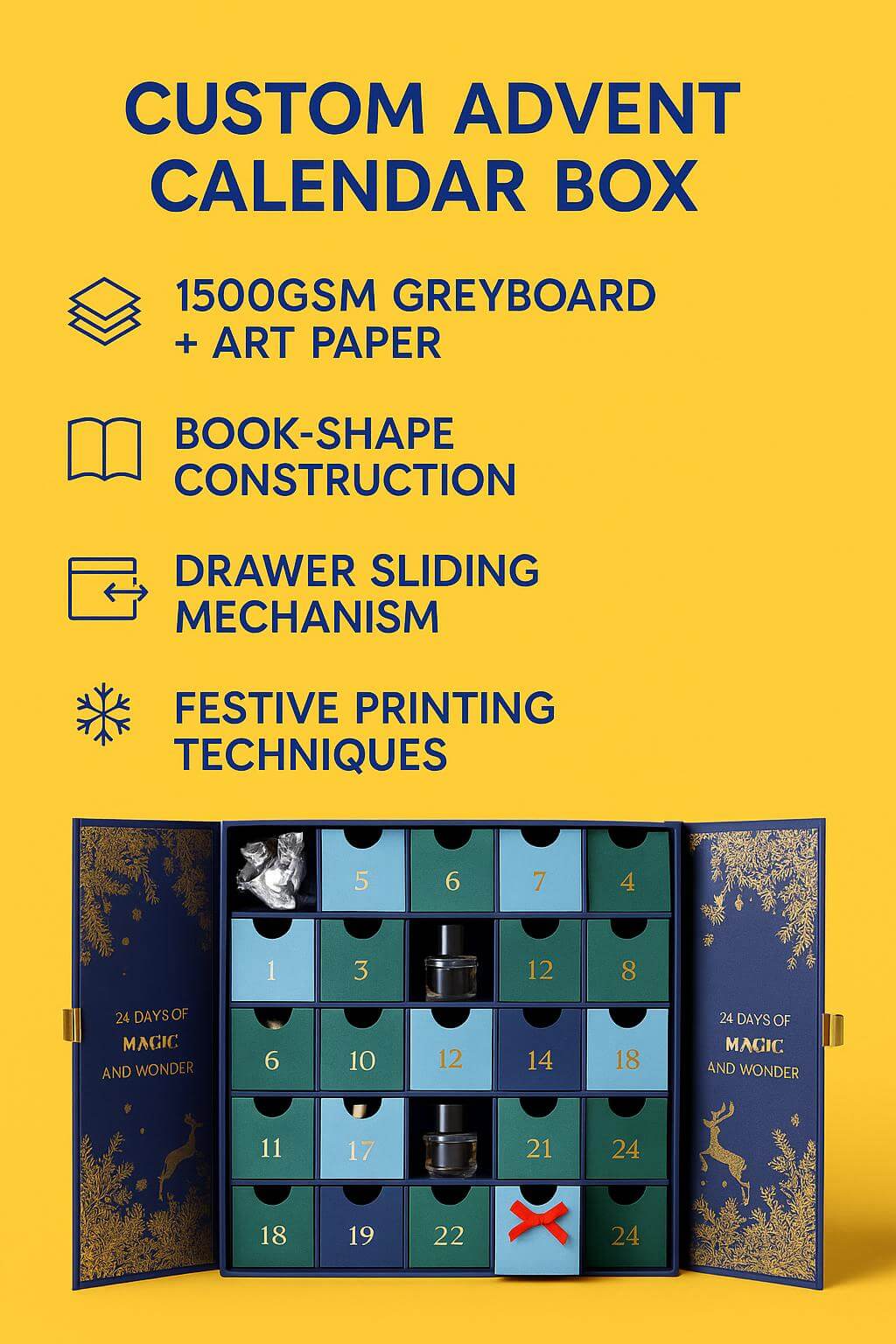 A luxury open book-style **advent calendar box** with 24 numbered drawers for a Christmas countdown.