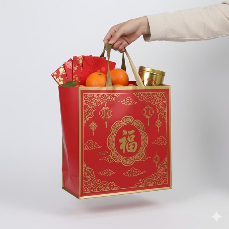 A festive **red plastic shopping bag** with gold silk screen printing and die-cut handles for Chinese New Year packaging.