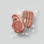 A roll of **heavy duty vacuum roll** film next to a sealed bag with a bone-in T-bone steak, showing its 5 mil puncture-resistant quality.