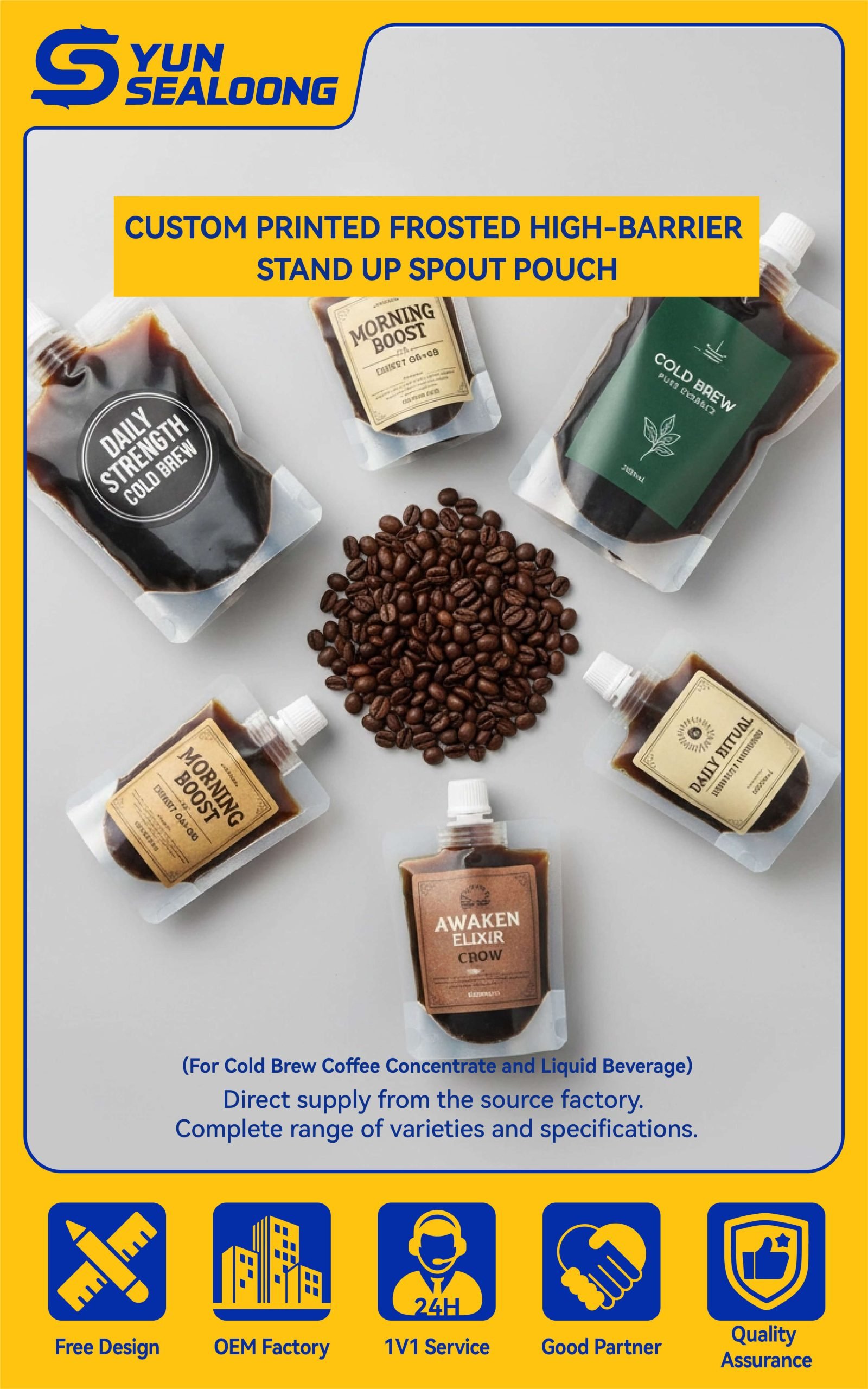 A custom printed frosted **cold brew spout pouch** standing upright, filled with dark coffee concentrate.