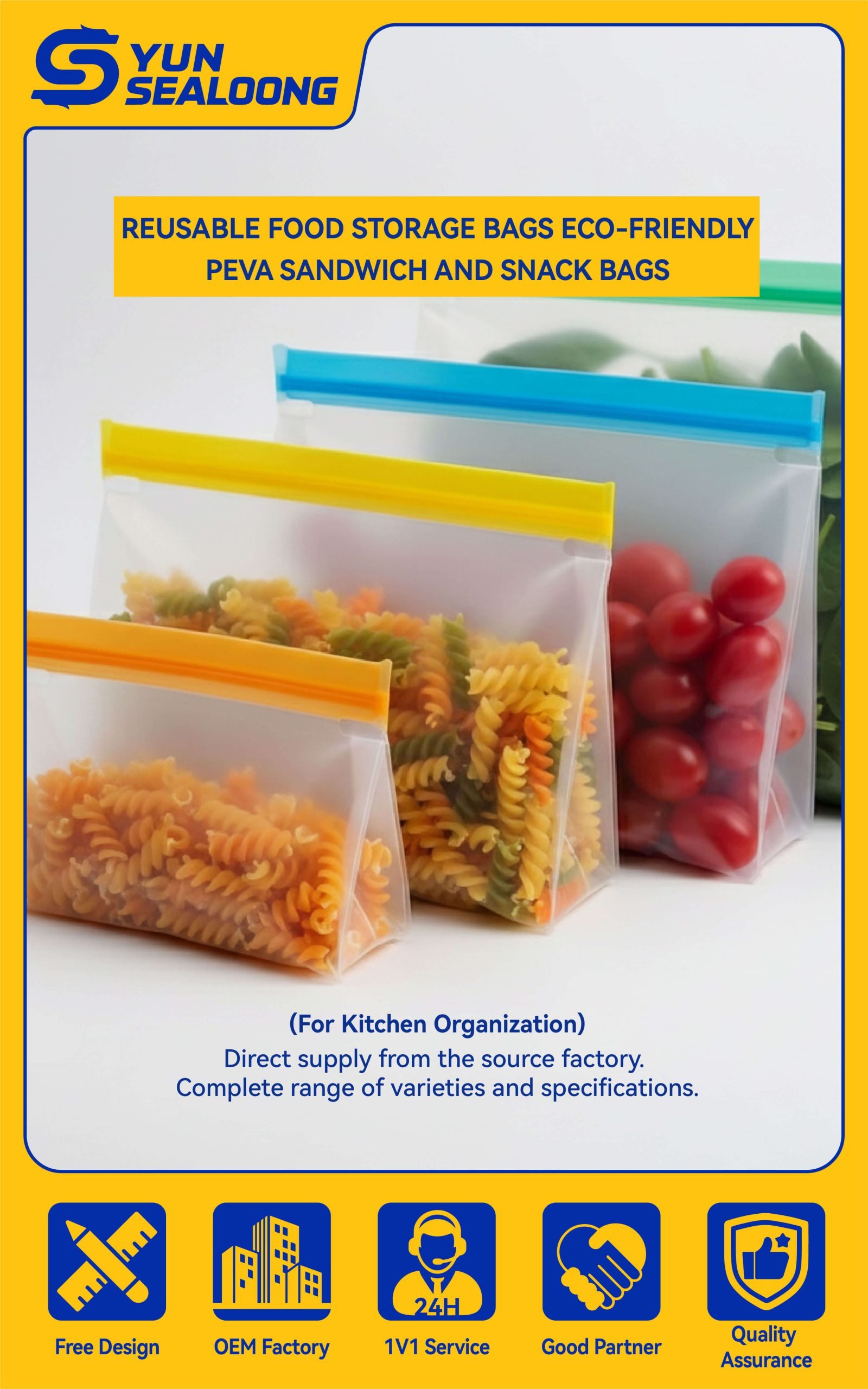 The Eco-Friendly Choice: Reusable Food Storage Bags Say goodbye to single-use plastic and hello to a greener kitchen. Our **reusable food storage bags** are the ultimate sustainable solution for modern households. Made from durable, food-grade PEVA, these bags act as the perfect alternative to disposable plastic, keeping your food fresh while reducing landfill waste. Why Choose Our PEVA Storage Bags? 100% Safe & BPA-Free: Safety comes first. Our **reusable food storage bags** are free from BPA, lead, and PVC, making them safe for storing everything from kids' lunches to marinating meats. Leak-Proof Seal: The upgraded double-lock zipper ensures an airtight and liquid-tight seal. Perfect for soups, sauces, and keeping snacks crisp. Freezer Friendly: The thick PEVA material protects against freezer burn, making these bags ideal for long-term food preservation and meal prep organization. Easy to Clean: Simply hand wash with soap and water, and air dry over a glass. They are designed for hundreds of uses. Perfect For: Sandwiches & School Lunches Fruit & Vegetable Storage Travel & Toiletries Home Organization